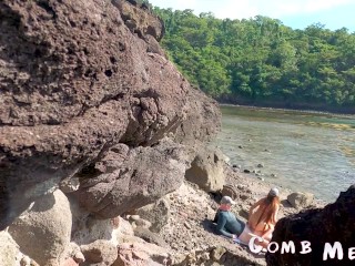 College girl having sex on the beach. Almost get caught!